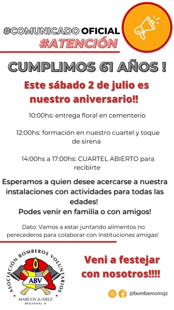 Festejos por los 61 años de Bomberos Voluntarios Marcos Juárez