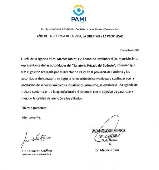 Renovaron el vínculo entre el PAMI y Sanatorio Sudeste para la atención de los jubilados