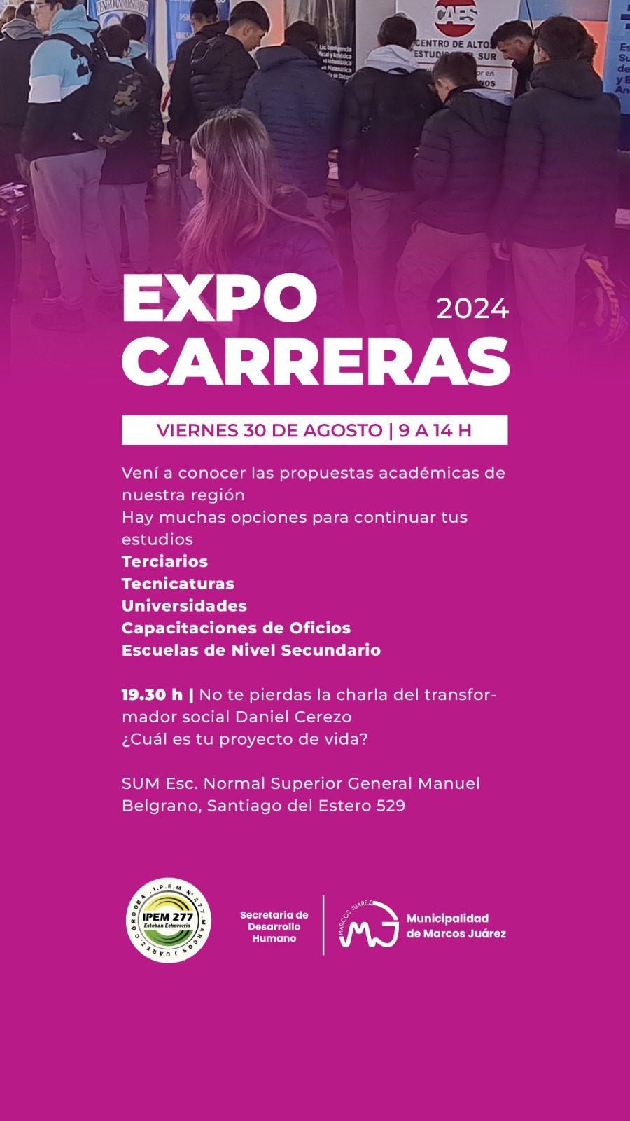El próximo viernes 30 de agosto se realiza una nueva edición de la Expo Carreras Marcos Juárez