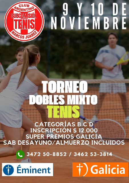 Gran Torneo de Tenis Dobles Mixto en Argentino el 9 y 10 de noviembre