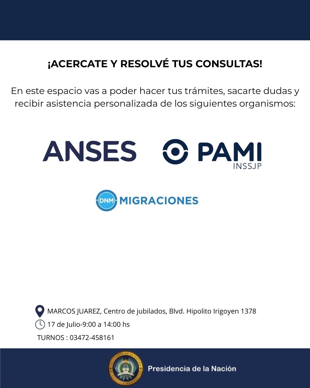 ANSES y PAMI estarán en el Centro de Jubilados este jueves 17 de julio