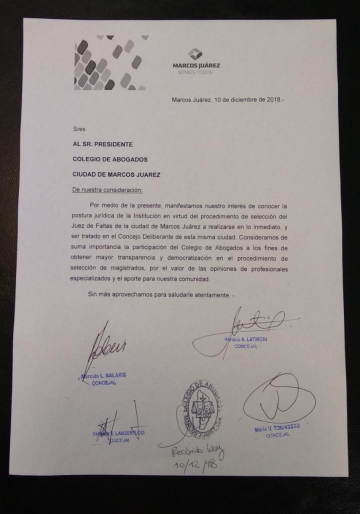 Marcos Juárez Somos Todos pide democratizar la designación del Juez de faltas