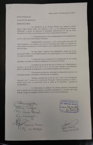 Marcos Juárez Somos Todos pide democratizar la designación del Juez de faltas