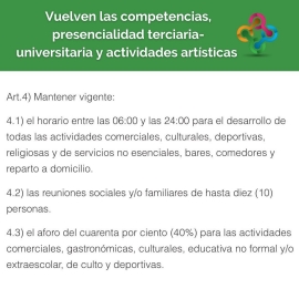 Vuelven las competencias, presencialidad terciaria-universitaria y actividades artísticas