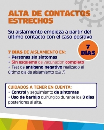 Nuevo protocolo de aislamiento para casos positivos y contactos estrechos