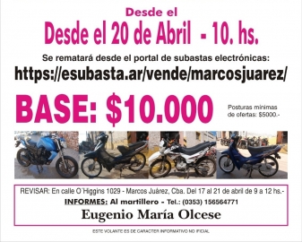 Subasta de motocicletas desde el 20 de abril